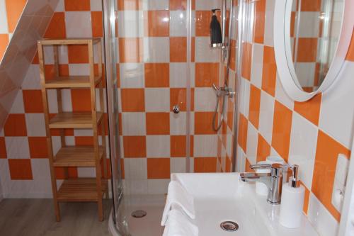 a bathroom with a sink and a shower with a mirror at Saffels Nest in Lochristi