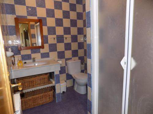 uma casa de banho com um lavatório, um WC e um espelho. em Apartamentos Las Llábanas em Oviñana
