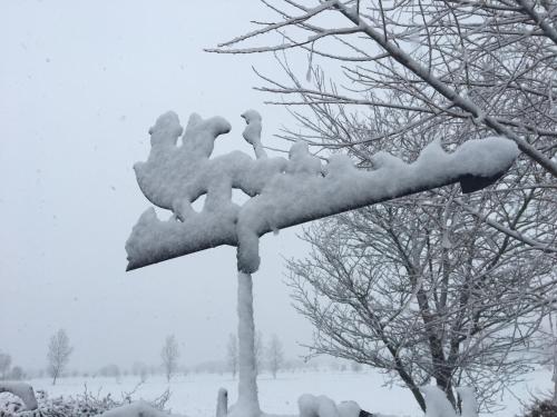 a statue covered in snow next to a tree at B&B De Hostelier in Ursel