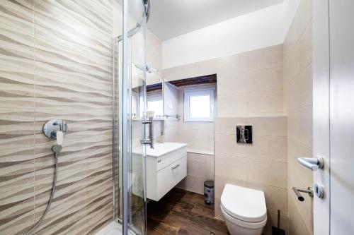 a bathroom with a toilet and a glass shower at Apartments Palace Rialto in Šibenik