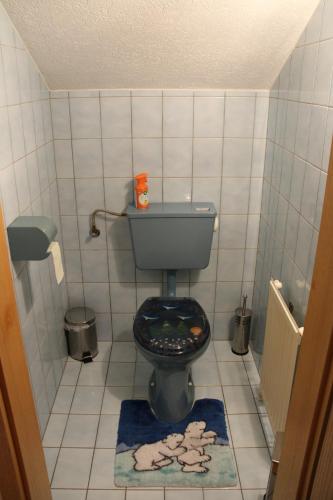 a small bathroom with a toilet with a fish seat at Ferienwohnung Höbart in Dorfstetten