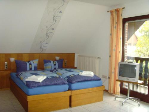 a bedroom with a bed with blue pillows and a tv at Landhaus Burs in Löningen