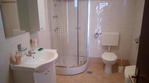a bathroom with a shower and a sink and a toilet at Apartments Tatjana in Martinšćica