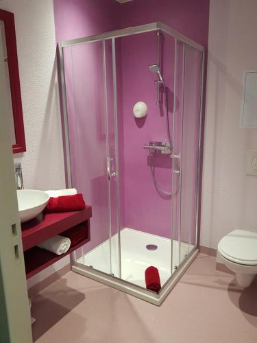 a bathroom with a glass shower with a toilet at Hôtel Jeanne D'Arc in Saint-Chély-dʼApcher