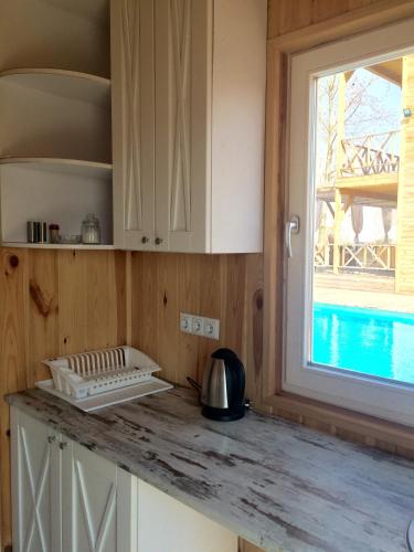a kitchen with a counter top with a window at Relax villa Poduzska in Sinyak