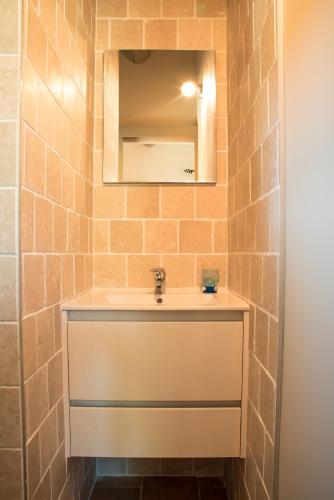 une salle de bain avec un lavabo et un miroir dans l'établissement A jewel by the river!, à Fontaine-de-Vaucluse