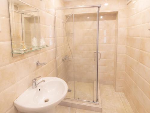 a bathroom with a sink and a glass shower at The Grand Piano Hotel in Kutaisi