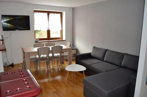 ein Wohnzimmer mit einem Sofa und einem Tisch in der Unterkunft Apartmán Karolinka 109 in Karolinka