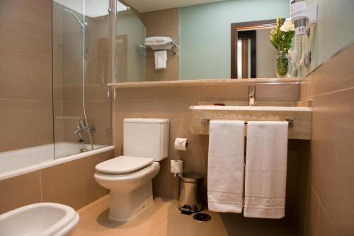 a bathroom with a toilet and a sink and a shower at Hotel y Apartamentos Conilsol in Conil de la Frontera