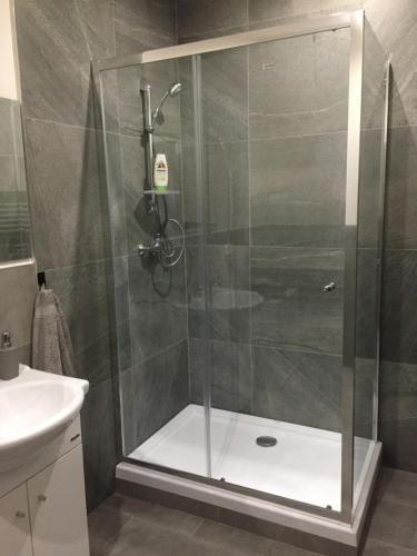 um chuveiro com uma porta de vidro na casa de banho em Apartmány Jarkova em Presov