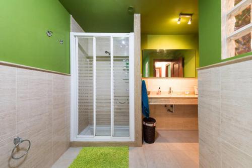 zieloną łazienkę z prysznicem i umywalką. w obiekcie Casa El tonelero con jardín y piscina privada w mieście Gáldar