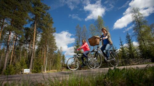 a woman and a girl riding bikes on a road at Näsets Marcusgård in Furudal