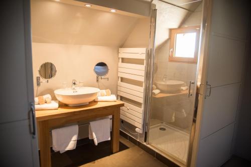 a bathroom with a sink and a shower at Aux Caprices d'Aubrac in Laguiole
