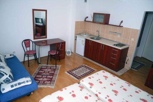 a living room with a blue couch and a kitchen at Vila Delfin in Ohrid