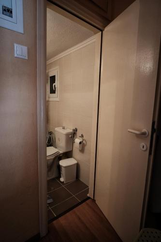 ein kleines Bad mit WC und Tür in der Unterkunft Ioanna Studio in Peraia