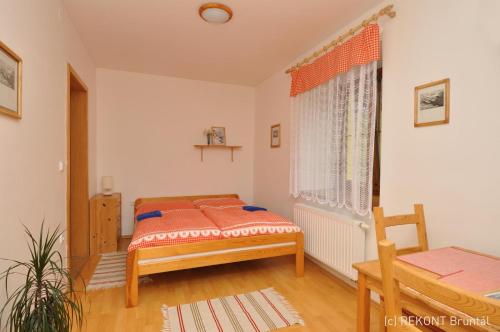 a bedroom with a bed and a window at Penzion u Vodopádu in Karlova Studánka