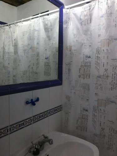 a bathroom with a shower curtain with drawings on it at Casa Maria Luisa in San Miguel de Abona