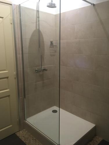 a shower with a glass door in a bathroom at Caloupilé in Le Tampon