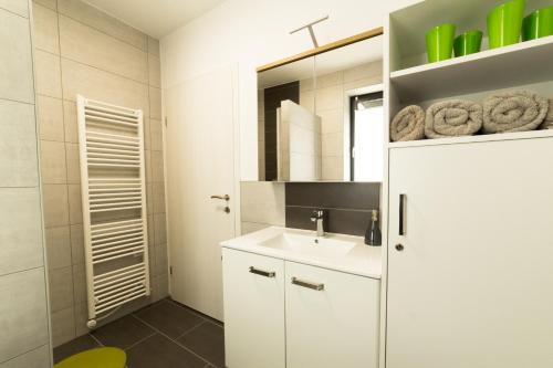 uma casa de banho branca com um lavatório e um espelho em Apartma Mariposa Banovci em Banovci