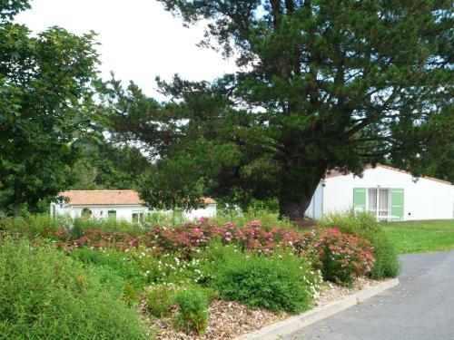 a tree in a garden with flowers in front of a house at Village Vacances de Chantonnay in Chantonnay