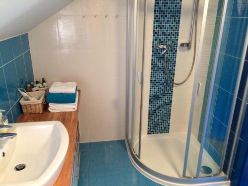 een badkamer met een douche, een wastafel en een bad bij Apartment 23 in Český Krumlov