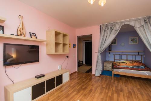 ニジニ・ノヴゴロドにあるApartament's Mayorov House at Maksima Gorkogo 154のベッドルーム1室(ベッド1台、壁にテレビ付)