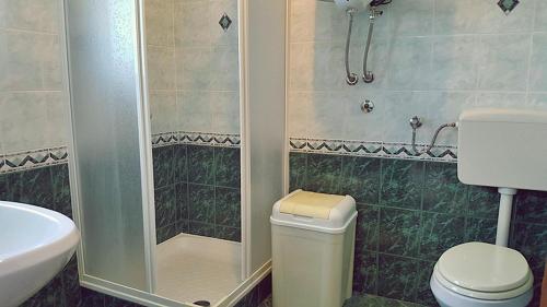 a bathroom with a shower and a toilet and a sink at Apartment Sara in Baška