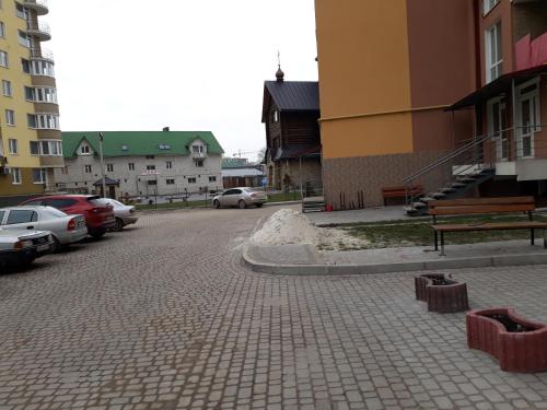 a street with cars parked on the side of a building at Apartment in Ternopilʼ