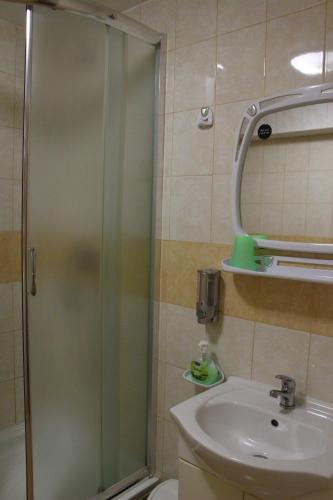 a bathroom with a shower and a sink at Karczma Rycerska Lebork in Lębork