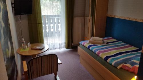 a bedroom with a bed and a table and a window at Hotel-Pension Dressel in Warmensteinach