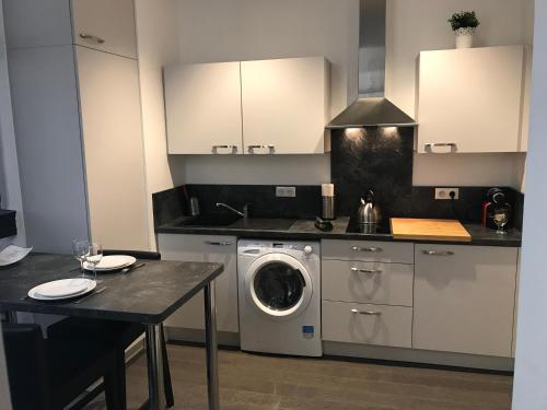 une cuisine avec une machine à laver et une table dans l'établissement Appartement L'Ill au Sable, à Strasbourg