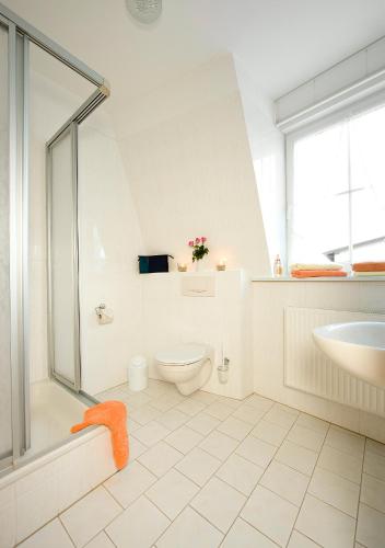 a bathroom with a shower and a toilet and a sink at Ferienhotel Bernstein in Trassenheide