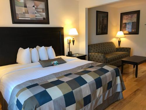 um quarto de hotel com uma cama grande e um sofá em Wingate by Wyndham LaGrange em La Grange