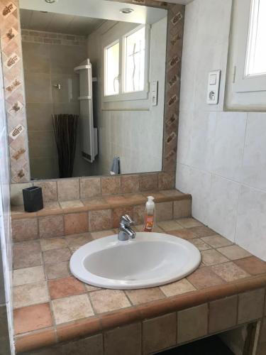 um lavatório de casa de banho com um espelho e um lavatório branco em La Matriola em Cabannes