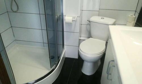 a bathroom with a toilet and a shower and a sink at Walk distance to mokotow business park in Warsaw
