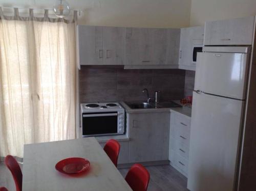a kitchen with a white refrigerator and a table with chairs at George Home 1 in Balíon