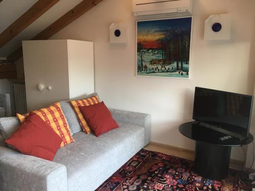 a living room with a couch and a flat screen tv at Suite Ananda in Verbania