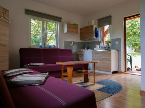 Zełwągi的住宿－Domki letniskowe "Pod lipą"，客厅配有紫色沙发和桌子