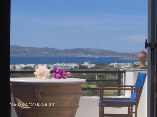 a table and chairs on a balcony with a view of the ocean at Orama Apartments in Agia Anna Naxos