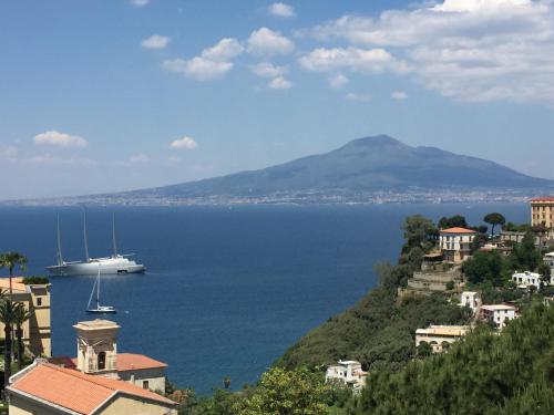 a boat in a large body of water with a mountain at Vesuvio View in Vico Equense