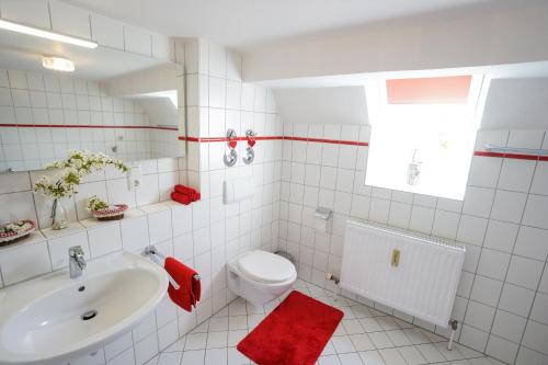 a white bathroom with a toilet and a sink at Apartment Kirschblüte in Appenweier