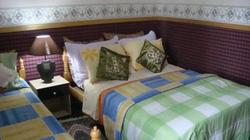 a bedroom with two beds and a lamp on a table at Chalé Suiço de Campos do Jordão in Campos do Jordão