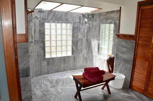 a bathroom with a shower and a table with a towel at Tamanu Beach in Arutanga