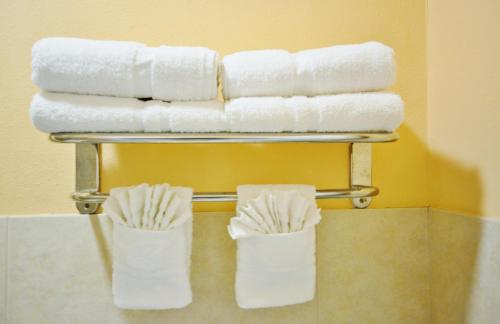 a group of towels on a towel rack in a bathroom at Scottish Inn and Suites Alvin in Alvin