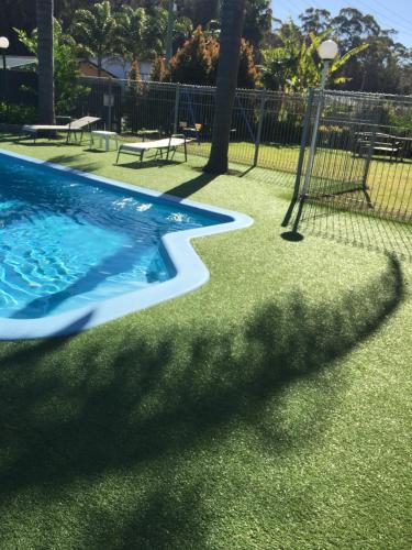 a swimming pool with green grass and a fence at Aquarius Batehaven in Batemans Bay