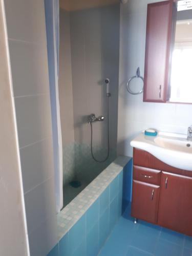 uma casa de banho com um chuveiro, um lavatório e um espelho. em Vrachati Sea Front House em Káto Ássos