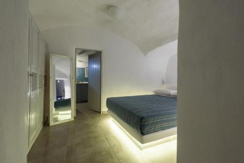 a bedroom with a bed and a television in it at Ianthe Apartments & Villa in Oia