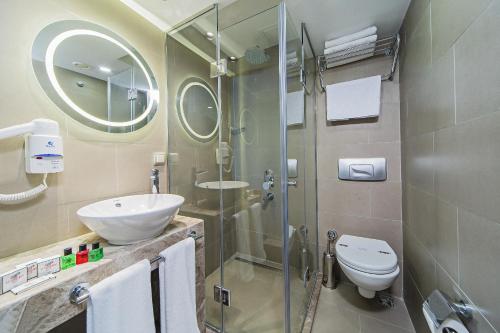 a bathroom with a shower and a sink and a toilet at History Hotel in Istanbul