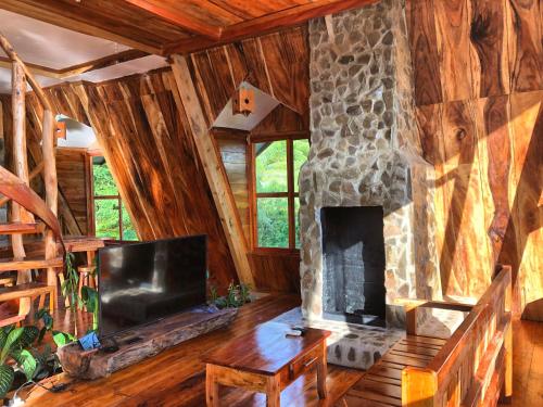 un soggiorno con camino in pietra e TV di Camiguin Volcano Houses - A-Frame house a Mambajao