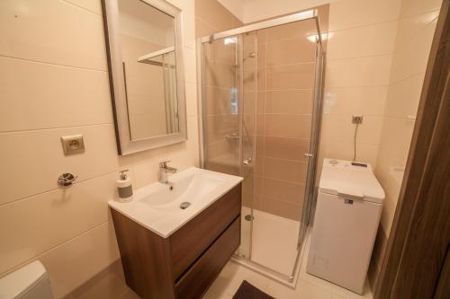 a bathroom with a sink and a shower at Spacious apartment in CITY CENTER in Bratislava